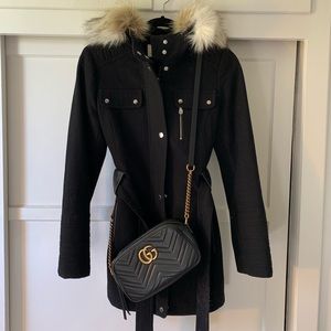 Belted Wool with Faux Fur Hood Coat